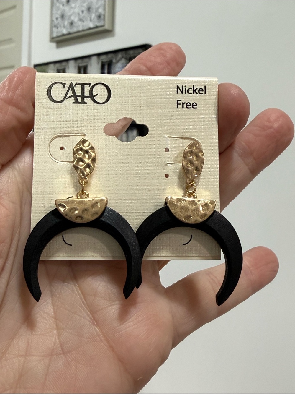 Cato Black and Gold Hammered Crescent Drop Earrings